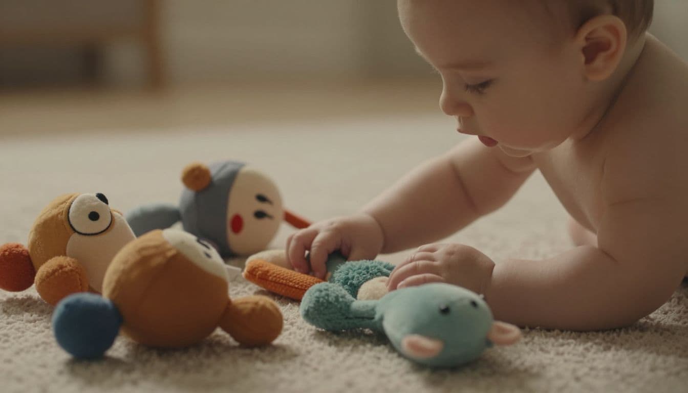 An infant sits comfortably on a plush rug, interacting with colorful fabric shapes. The soft, warm cinematic light highlights the baby's focused expression and the tactile texture of the scattered toys.