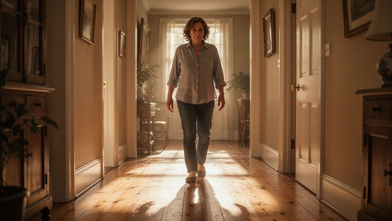 A person walks slowly down a residential hallway bathed in warm, soft sunlight. The gentle motion and hazy atmosphere create a quiet, meditative space focused on recovery and calm movement at home.