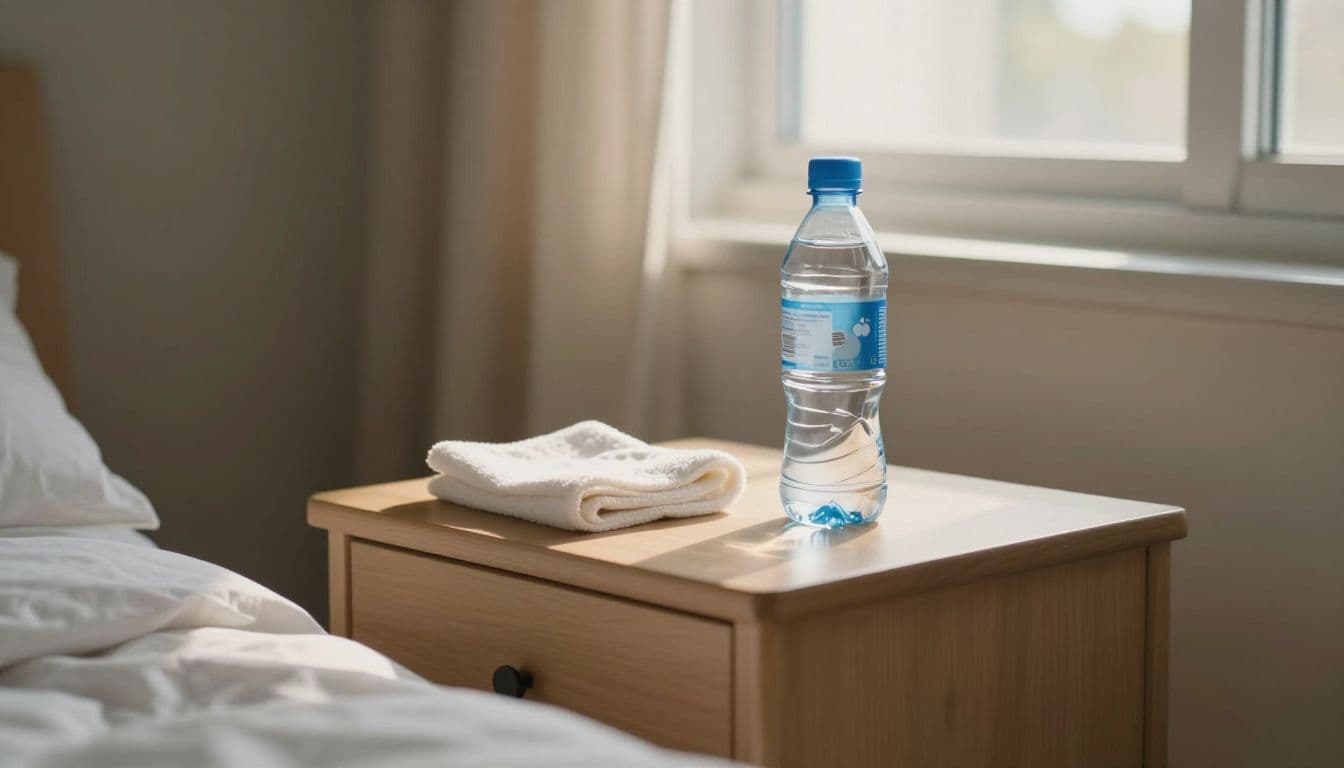 A clean nightstand sits bathed in warm morning light, holding a bottle of water and a folded soft cloth. This peaceful arrangement offers a serene space for quiet home health recovery.