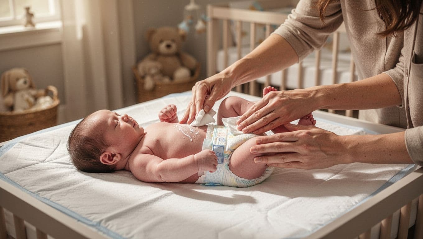 Parent lifts newborn's legs, wipes front to back, applies cream, and fastens new diaper on padded nursery surface.