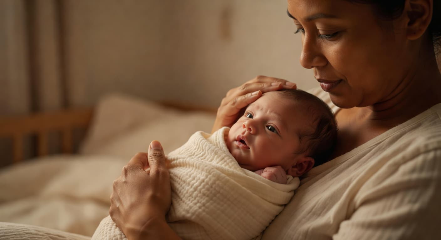 A parent tenderly cradles their infant in warm light, focusing on the calm connection between them. The composition highlights soft skin textures and gentle hand placement during this quiet bonding moment.