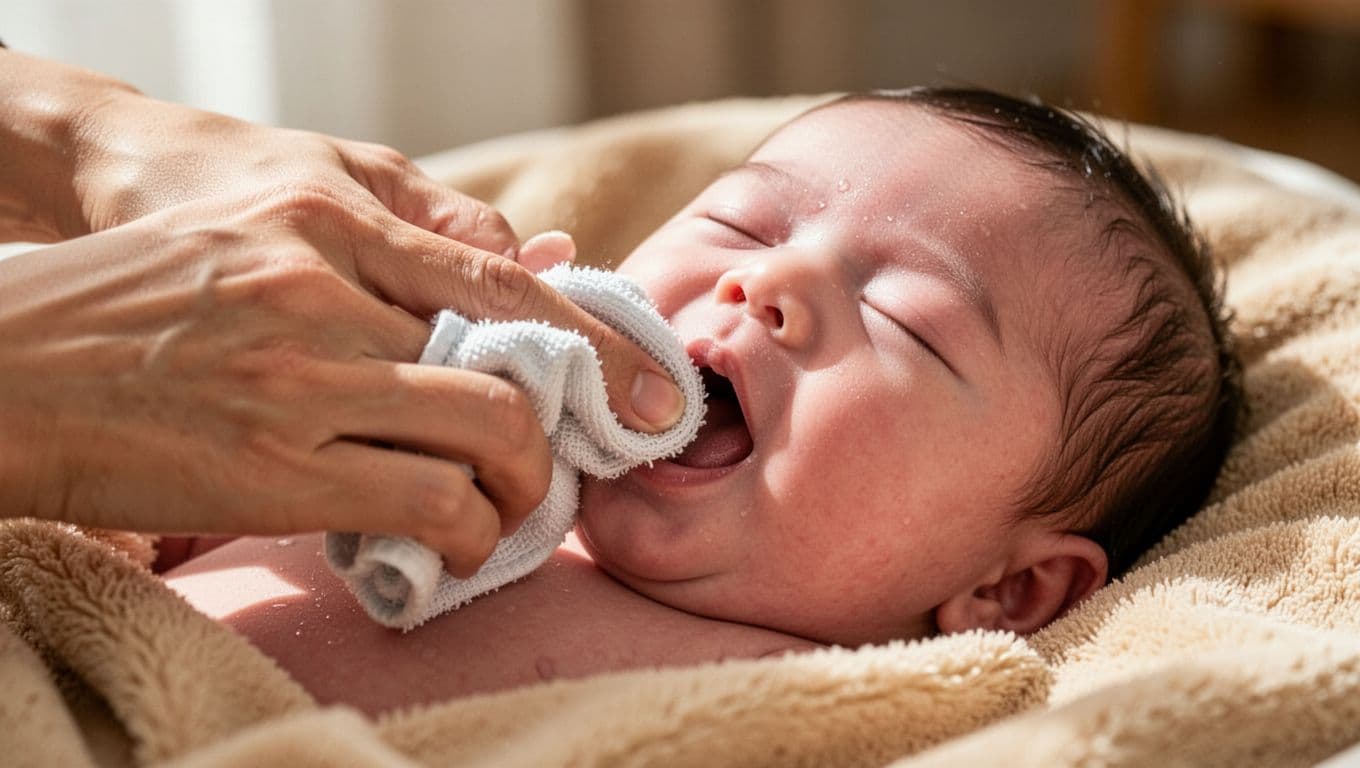 Parent's hand with damp cloth on finger wipes relaxed newborn's tongue, baby eyes closed on soft blanket.