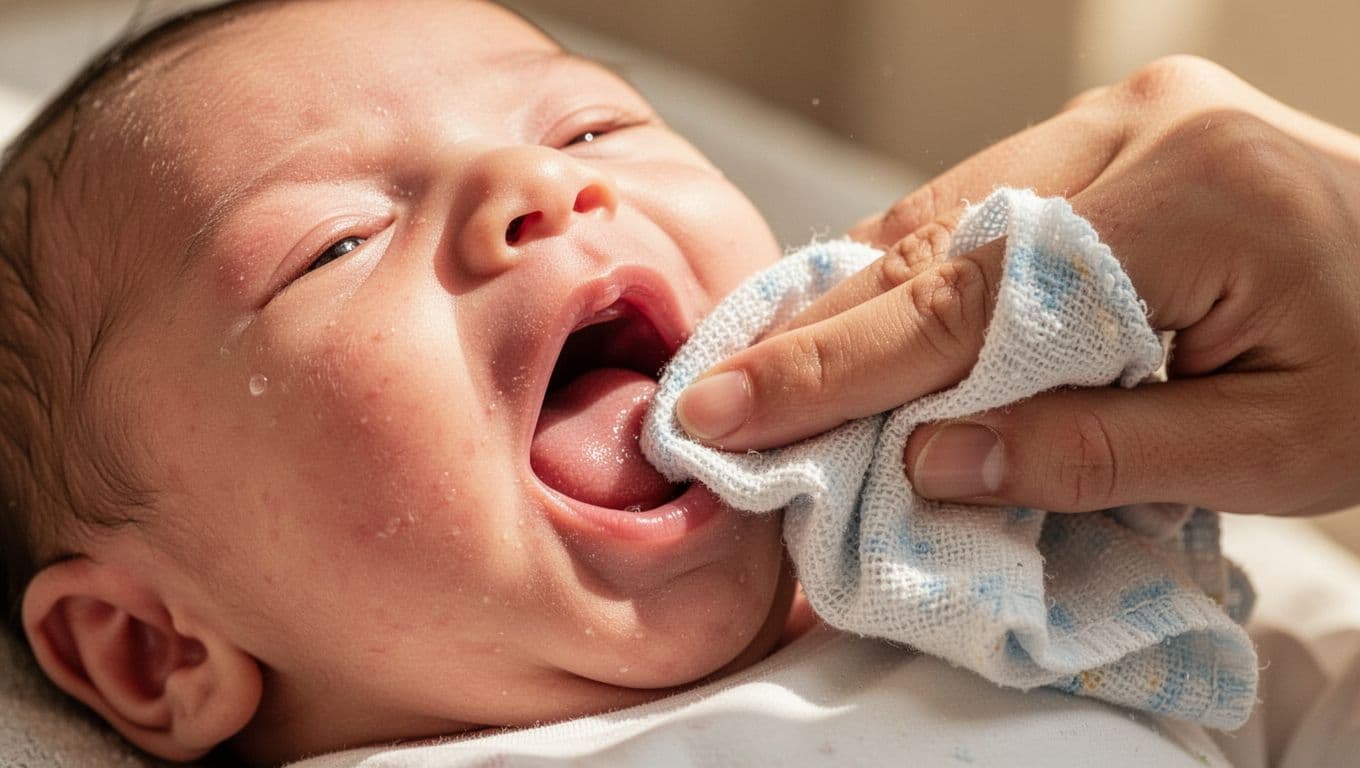 Parent's finger in damp cloth wipes calm newborn's healthy pink tongue, close-up.