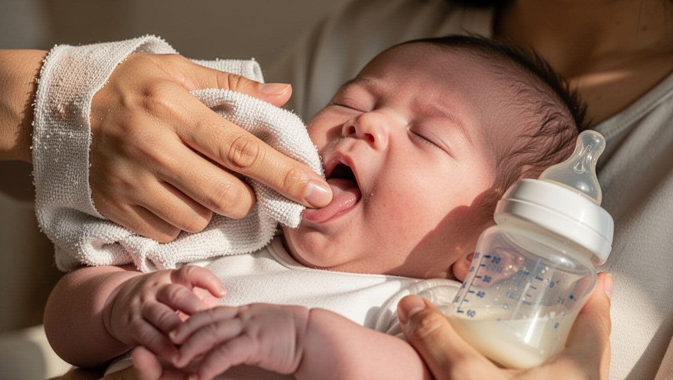 Clean finger in damp cloth lightly wipes calm newborn's tongue, bottle nearby.
