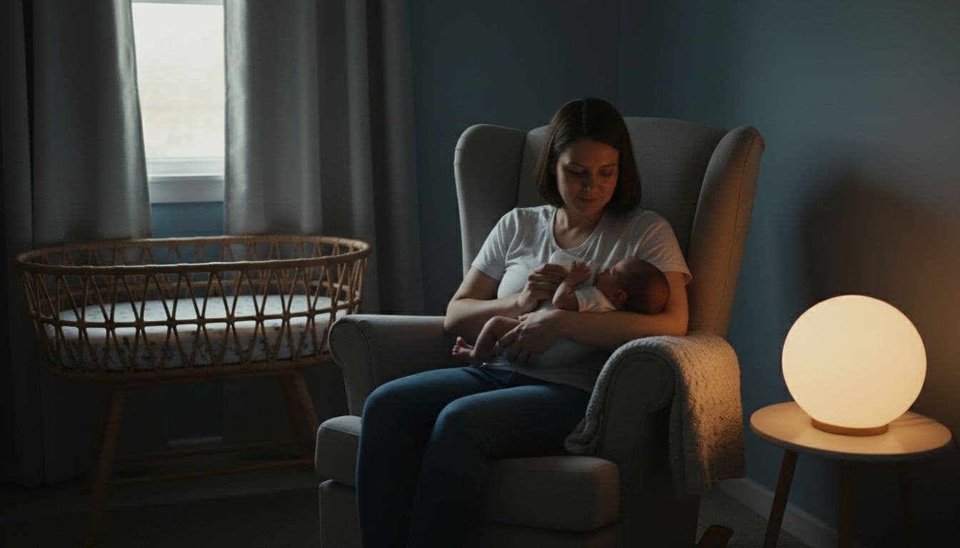 A parent calmly feeds a relaxed newborn baby during a gentle night feed in a dimly lit nursery with soft warm light, a rocking chair nearby, and a cozy bassinet in the background.