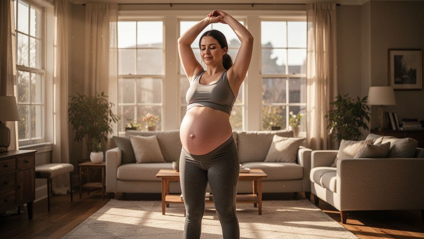 A pregnant woman in athletic wear performs a gentle standing stretch inside a sunlit living room. Warm light illuminates the calm scene, highlighting her serene expression and the peaceful home environment.