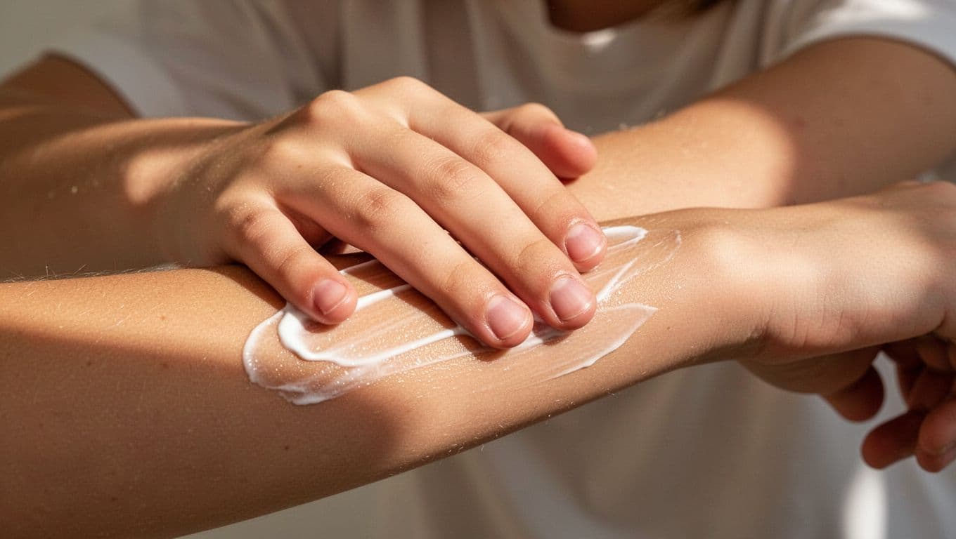 A close-up shot captures a person gently applying moisturizer onto their arm skin. The soft, cinematic lighting emphasizes the texture of the skin while conveying a sense of calm self-care.