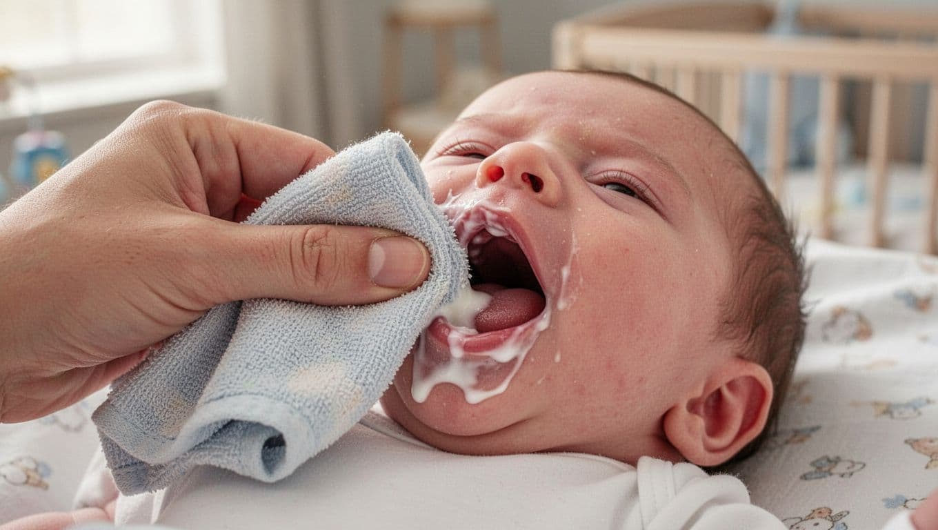 Adult hand with damp cloth gently wipes thin white milk residue from newborn's open mouth, revealing pink tongue underneath.