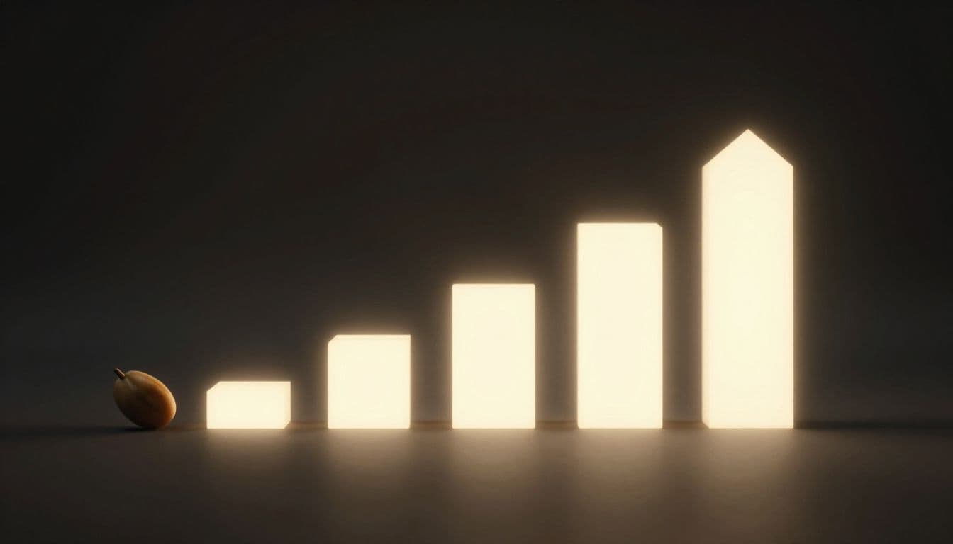 A tiny seed sits on the left, slowly morphing into a series of luminous polyhedrons that increase in scale. Golden rim lighting defines these expanding shapes against a deep, dark backdrop.