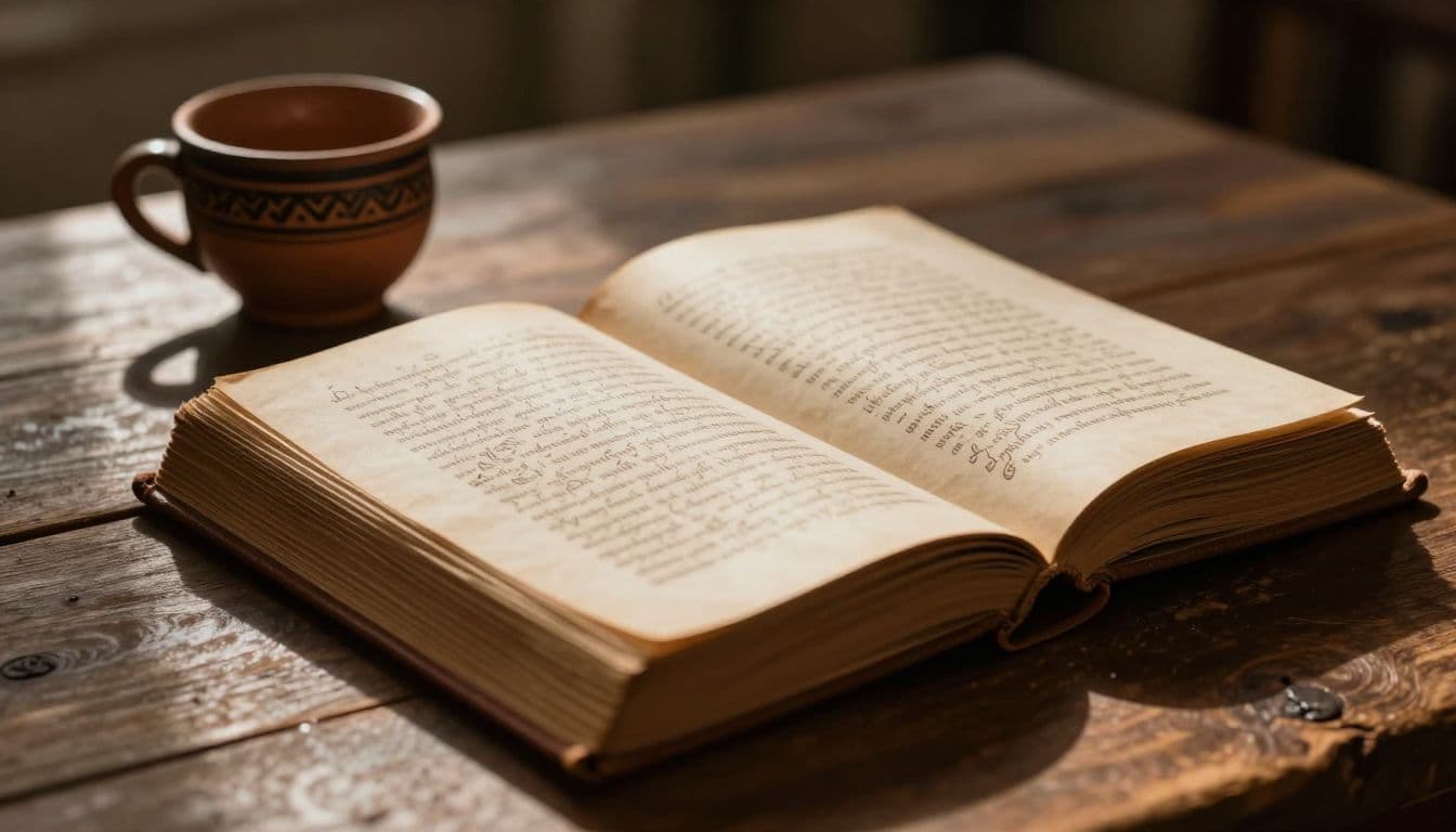 A leather-bound book featuring elegant Georgian script rests on a weathered rustic wooden table. Beside it, a traditional hand-thrown clay cup catches soft light, emphasizing the rich textures and historical atmosphere.