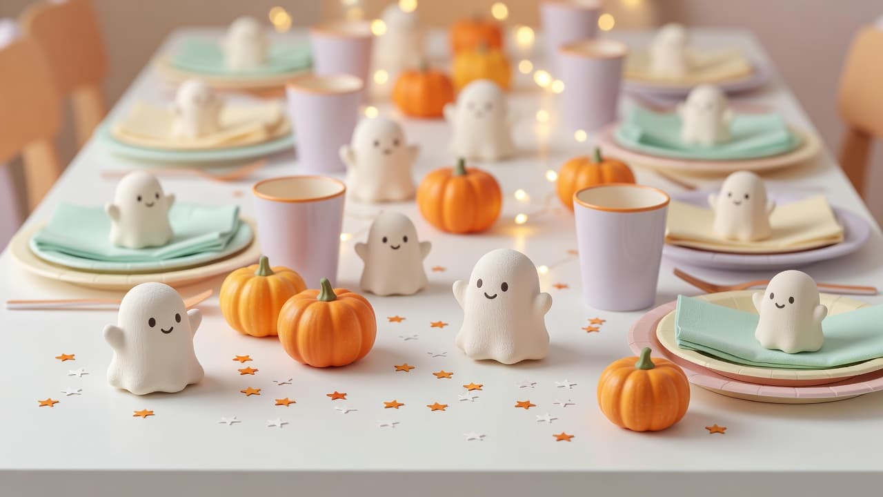 Ceramic ghosts and miniature pumpkins arranged on a pastel table with star-shaped confetti.