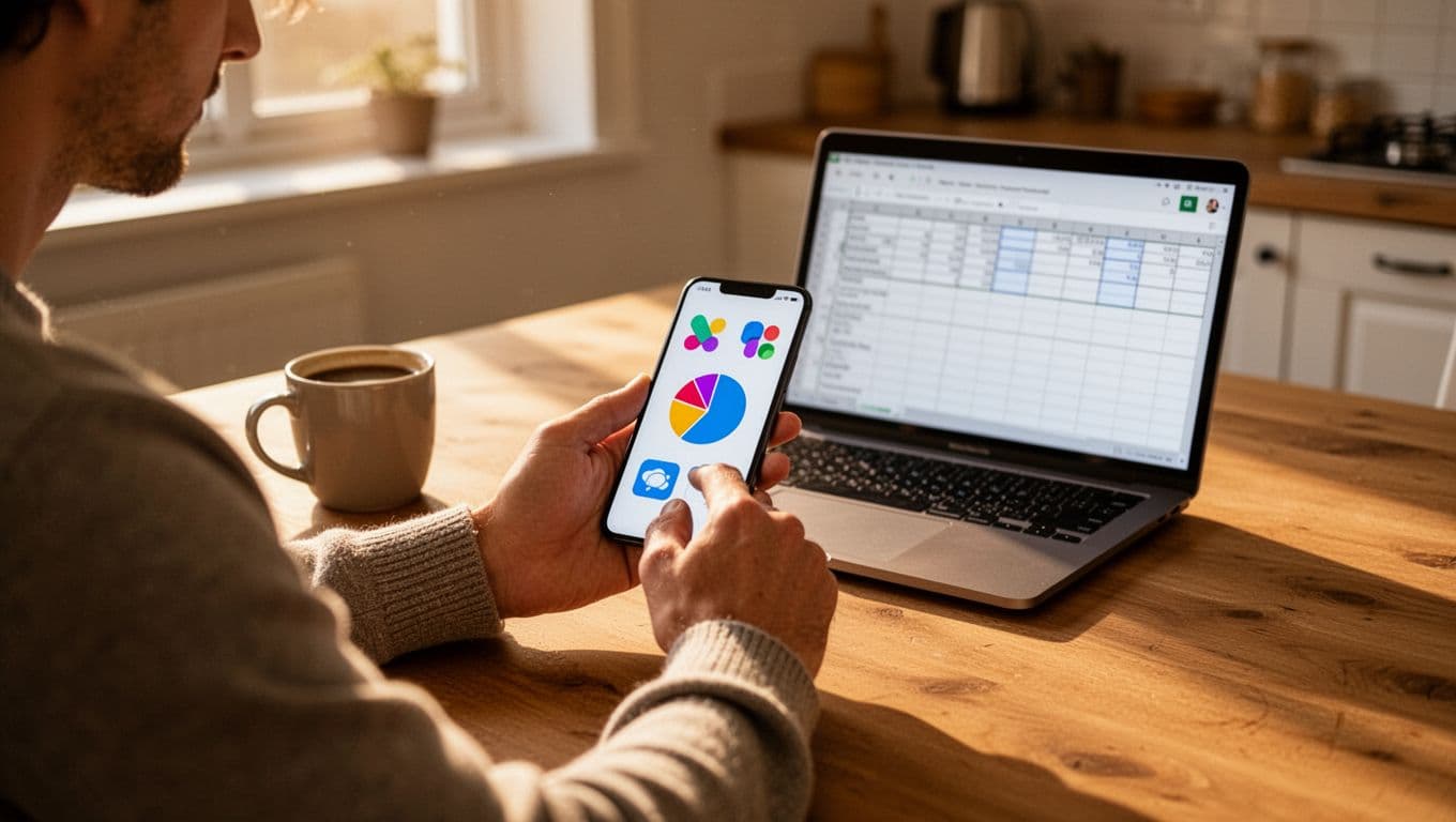 One person at a kitchen table in warm morning light uses a smartphone with a budgeting app showing income icons and expense chart, and a laptop open to a Google Sheets template for gigs, income, expenses, with coffee mug nearby.
