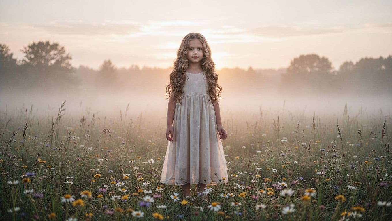Young girl in flowing dress stands in misty meadow with wildflowers at her feet.