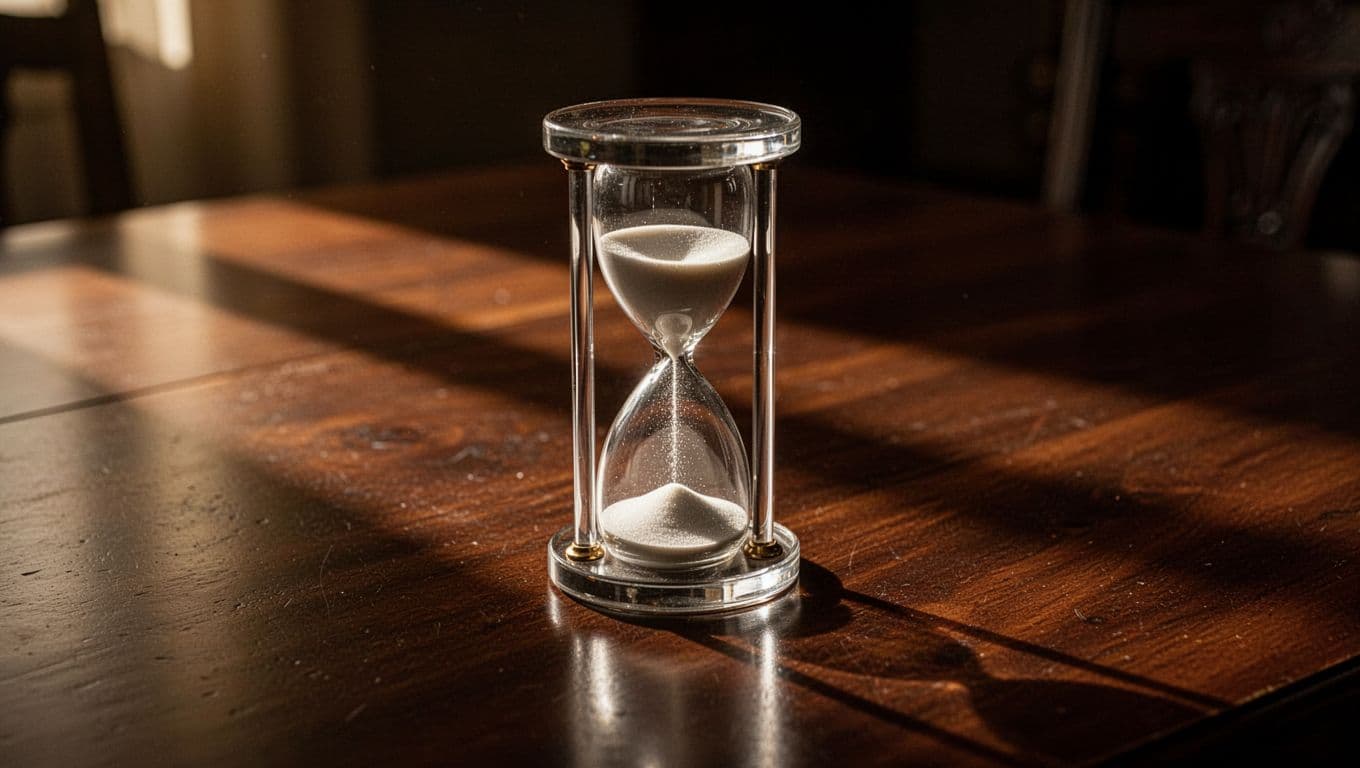 A glass hourglass sits stationary on a polished dark mahogany table. The fine grains of sand are suspended mid-air in the center, caught in dramatic side lighting that creates stark contrast.