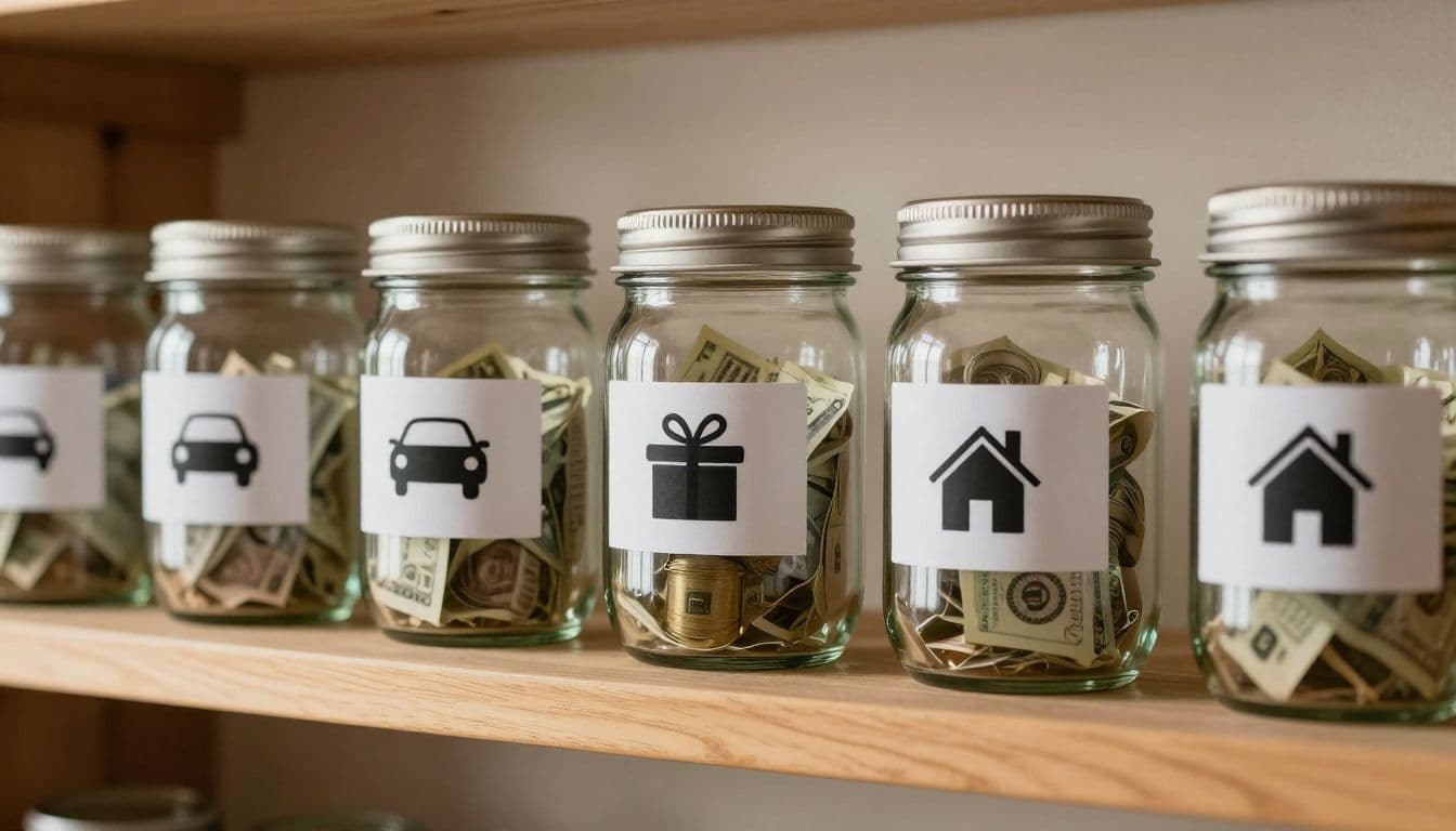 Rows of clear glass jars sit upon a polished wooden shelf, each labeled with distinct engraved icons for houses and cars. Soft golden morning light creates gentle shadows and cinematic highlights.