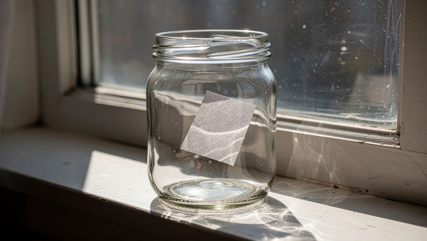 A glass jar sits on a sunny windowsill containing a paper note labeled Sunny Savings. Warm, dramatic sunlight streams from the side, creating high-contrast highlights and soft shadows around the base.