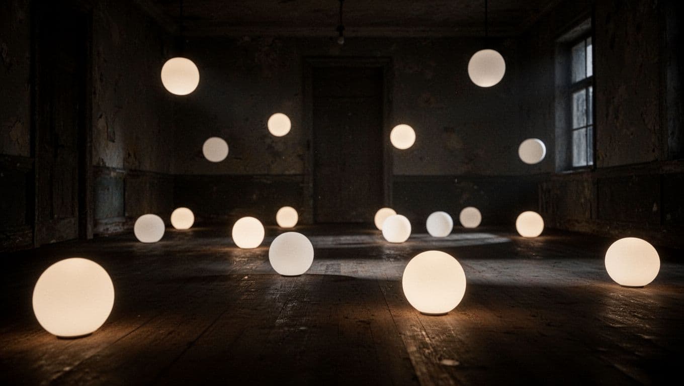 Soft, luminous orbs float in a dark, atmospheric void, casting hazy glows that shift in color and intensity. The out-of-focus arrangement illustrates various depths of social perspective and individual sensory experiences.