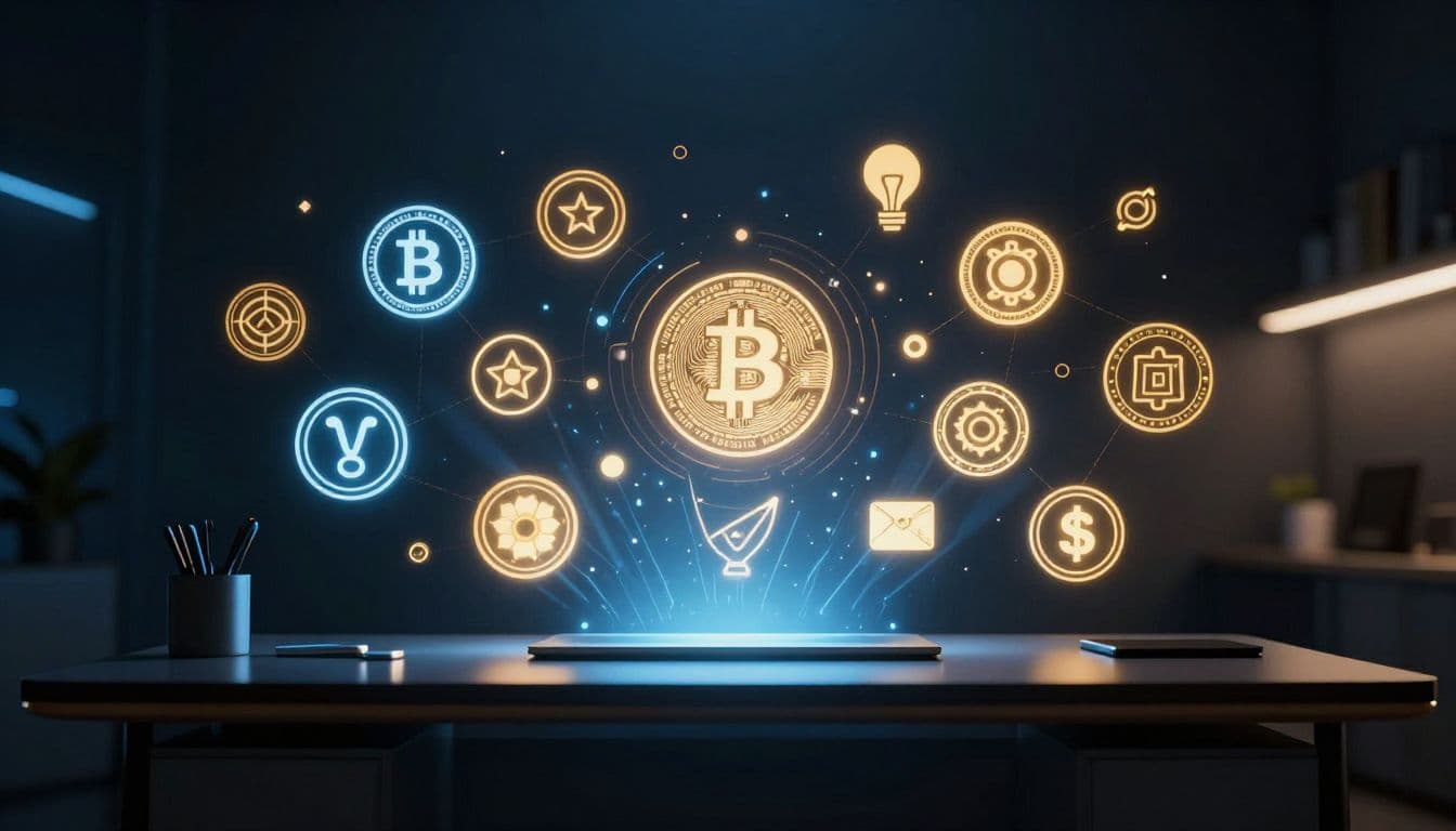 Glowing cryptocurrency and token symbols float above a sleek modern desk in a dark room. Dramatic blue and gold lighting illuminates the holographic shapes, creating a high-contrast atmosphere of technical innovation.