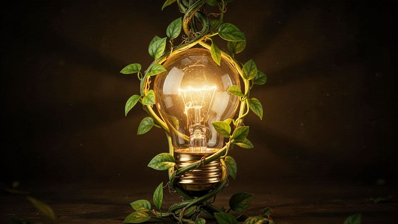 A glowing light bulb wrapped in a green vine shines against a dark background, symbolizing steady growth and long-term ideas.