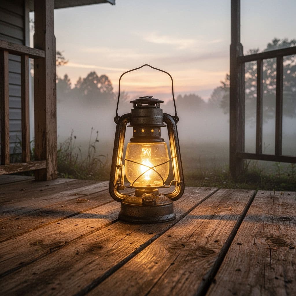 A rustic metal lantern rests on weathered wooden porch floorboards during early morning hours. Its warm internal glow spills outward, casting soft amber reflections against the grain of the worn timber.