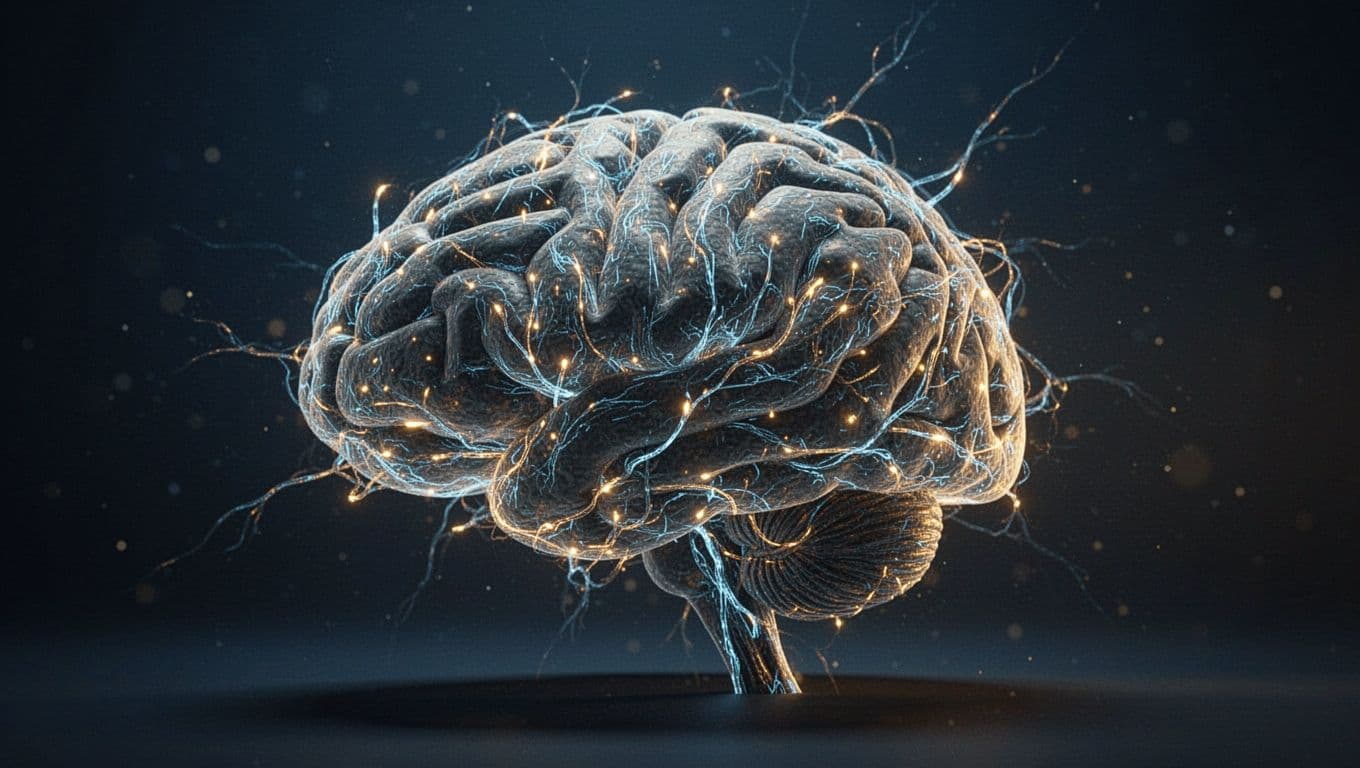An anatomical model of a human brain glows with intricate blue and gold neural pathways. These radiant circuits pulse against a dark, moody backdrop to represent complex cognitive and memory functions.