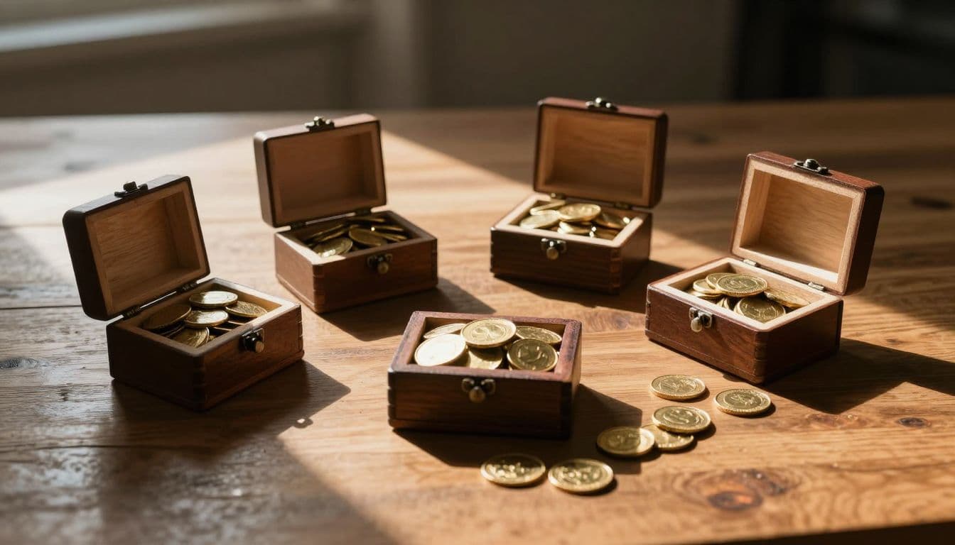 Several open wooden boxes of varying sizes are arranged on a dark desk, each filled with stacks of shiny gold coins. Dramatic morning sunlight creates deep shadows and high-contrast highlights.