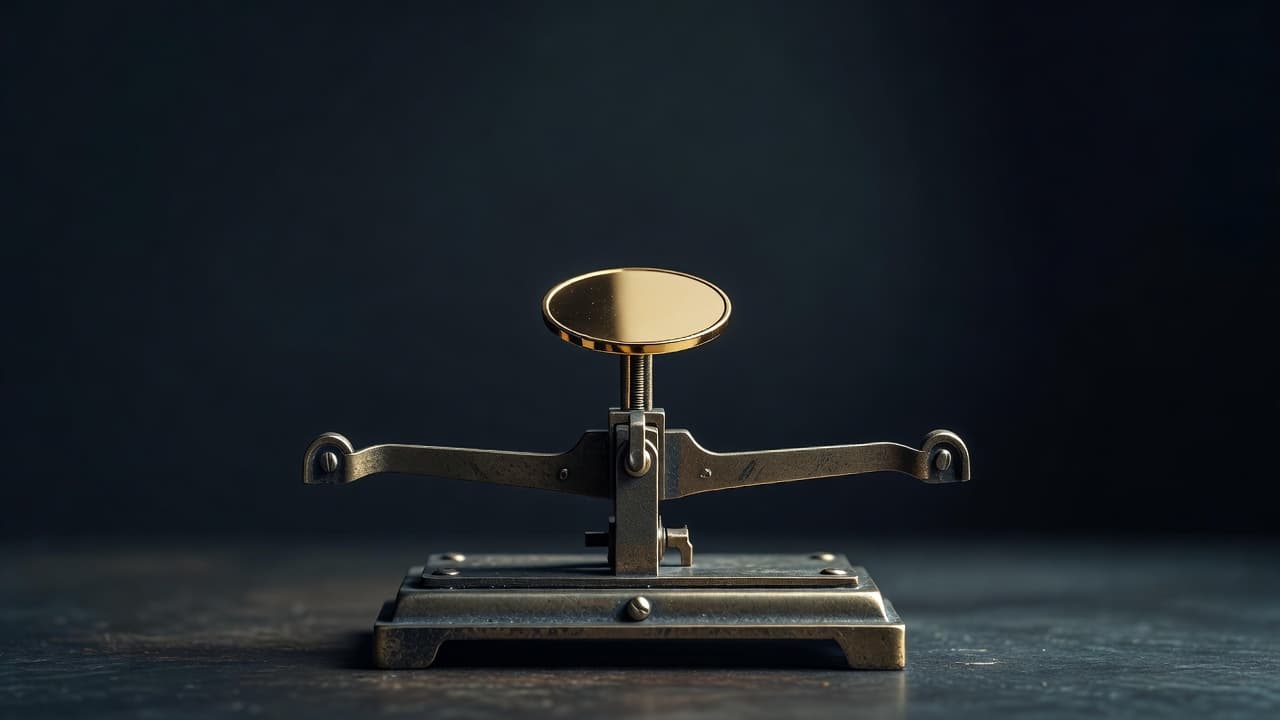 A single polished gold coin rests precisely in the center of a metal balancing scale. Dark, moody shadows surround the metallic platform, highlighting the intense contrast and perfect equilibrium of the scene.