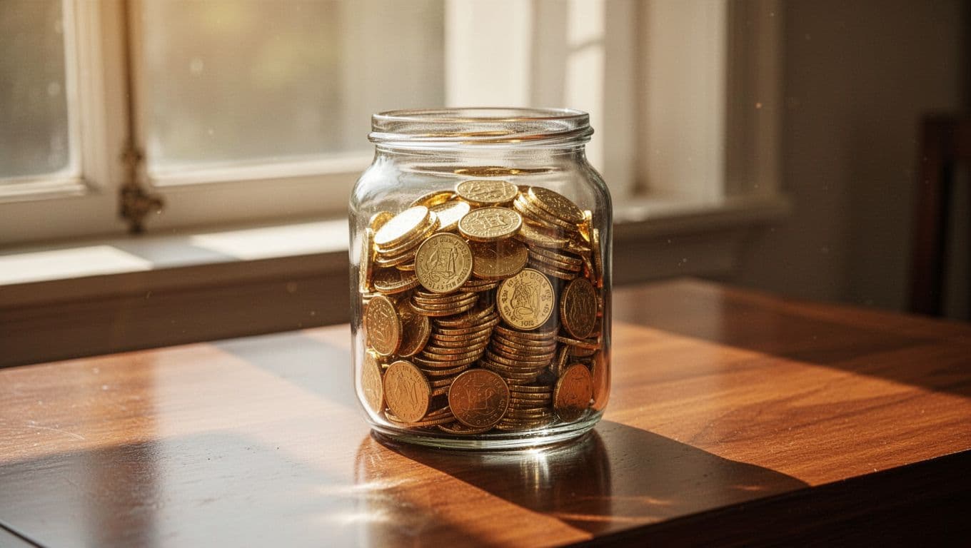A single sturdy glass jar filled with small gold coins rests upon a smooth wooden surface. Bright sunlight streams through a nearby window, creating a warm glow and sharp, dramatic shadows.