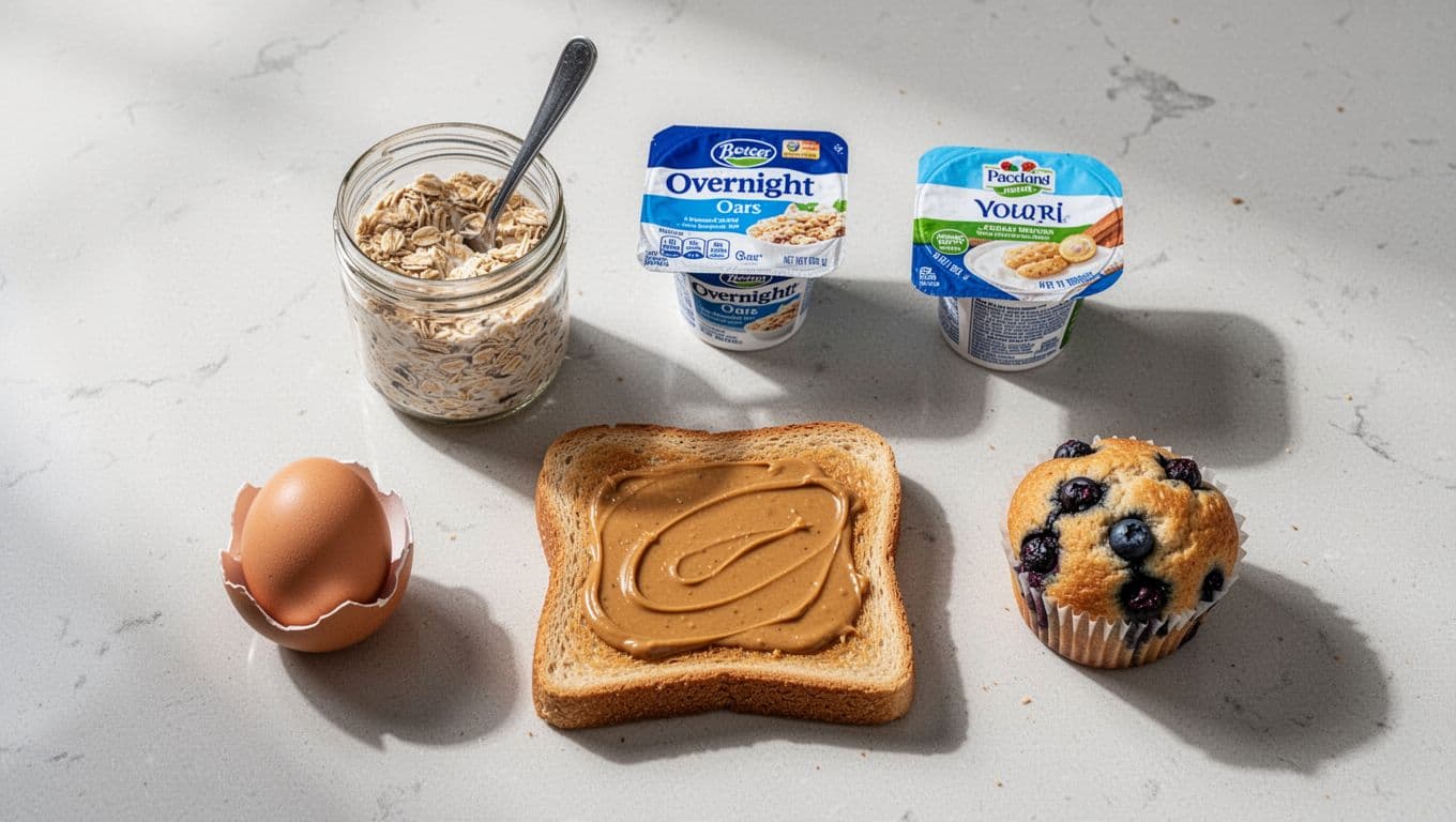 Top-down view of kitchen counter with hard-boiled egg, overnight oats jar with spoon, yogurt cup, peanut butter toast slice, and blueberry muffin spaced out.