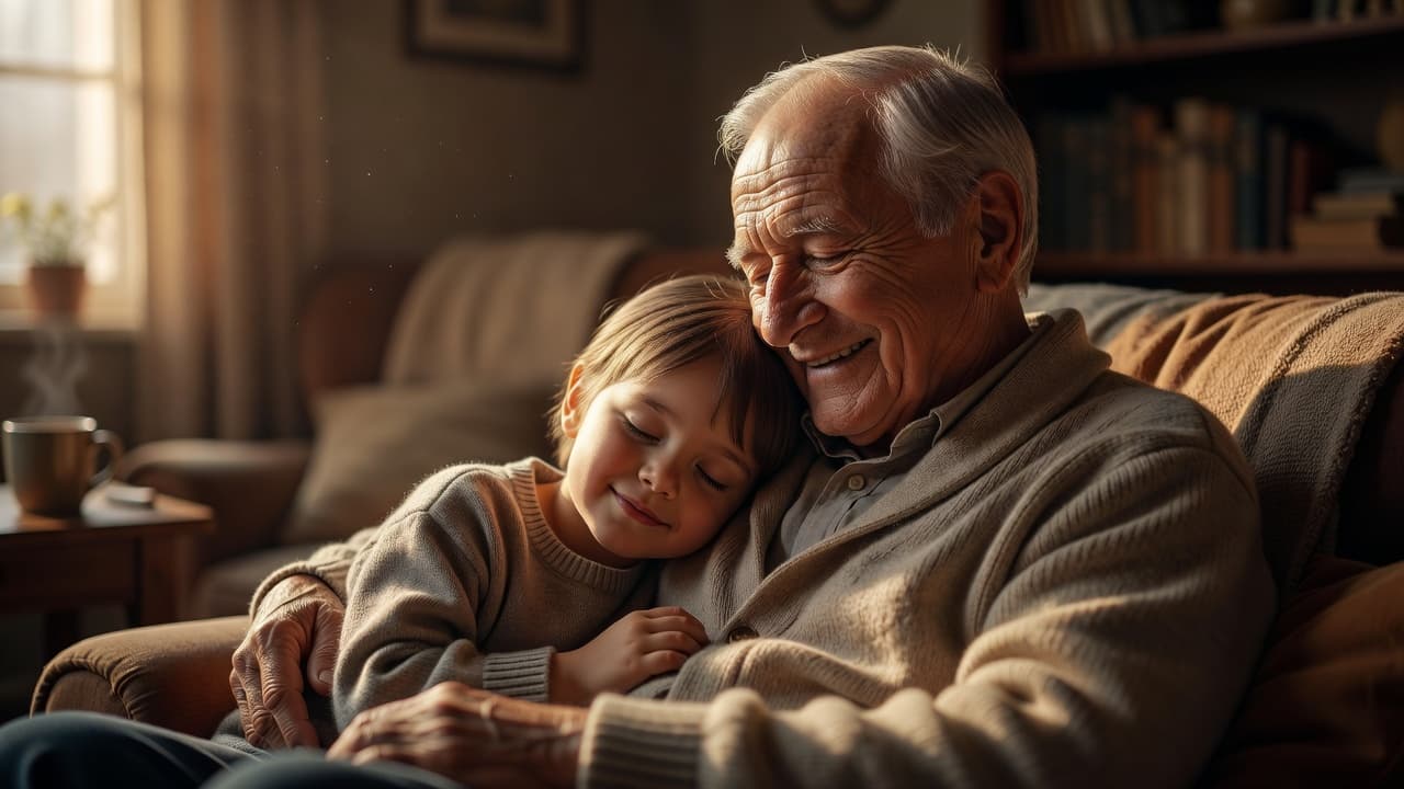An elderly man smiles warmly while his young grandchild rests their head gently on his shoulder. Golden afternoon light illuminates their faces within a softly blurred and cozy domestic living room.