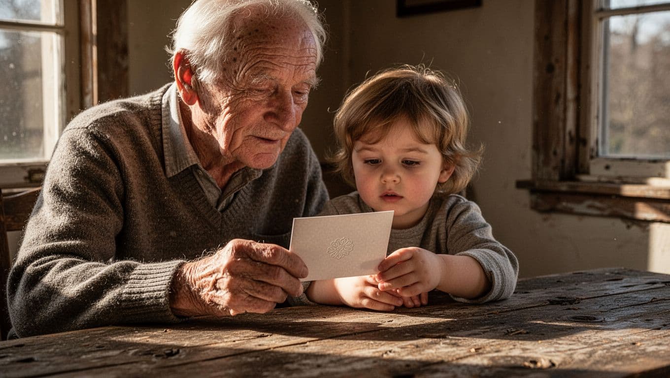 An elderly man with silver hair sits beside his young grandchild at a rustic wooden table. They both gaze intently at a blank handwritten card illuminated by soft, golden afternoon light.