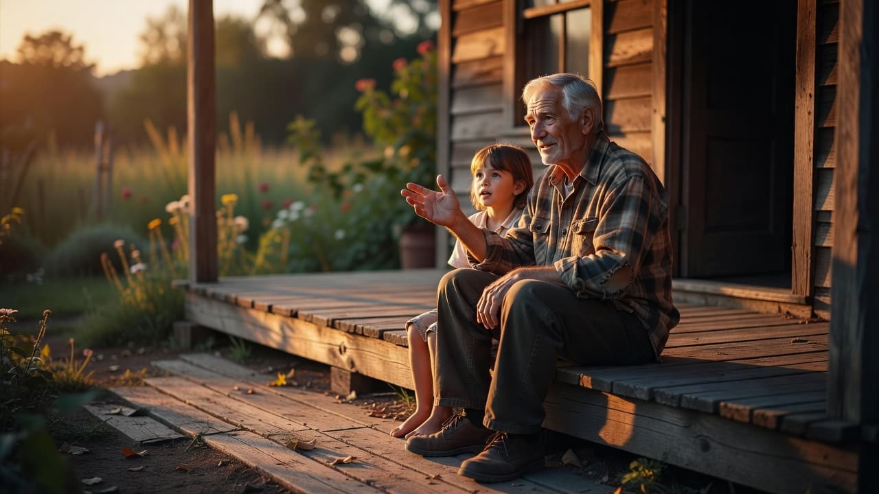 An elderly man with kind eyes sits on a weathered wooden porch gesturing to his young grandchild. Warm golden sunlight illuminates their faces during sunset while a blurred garden sits behind.