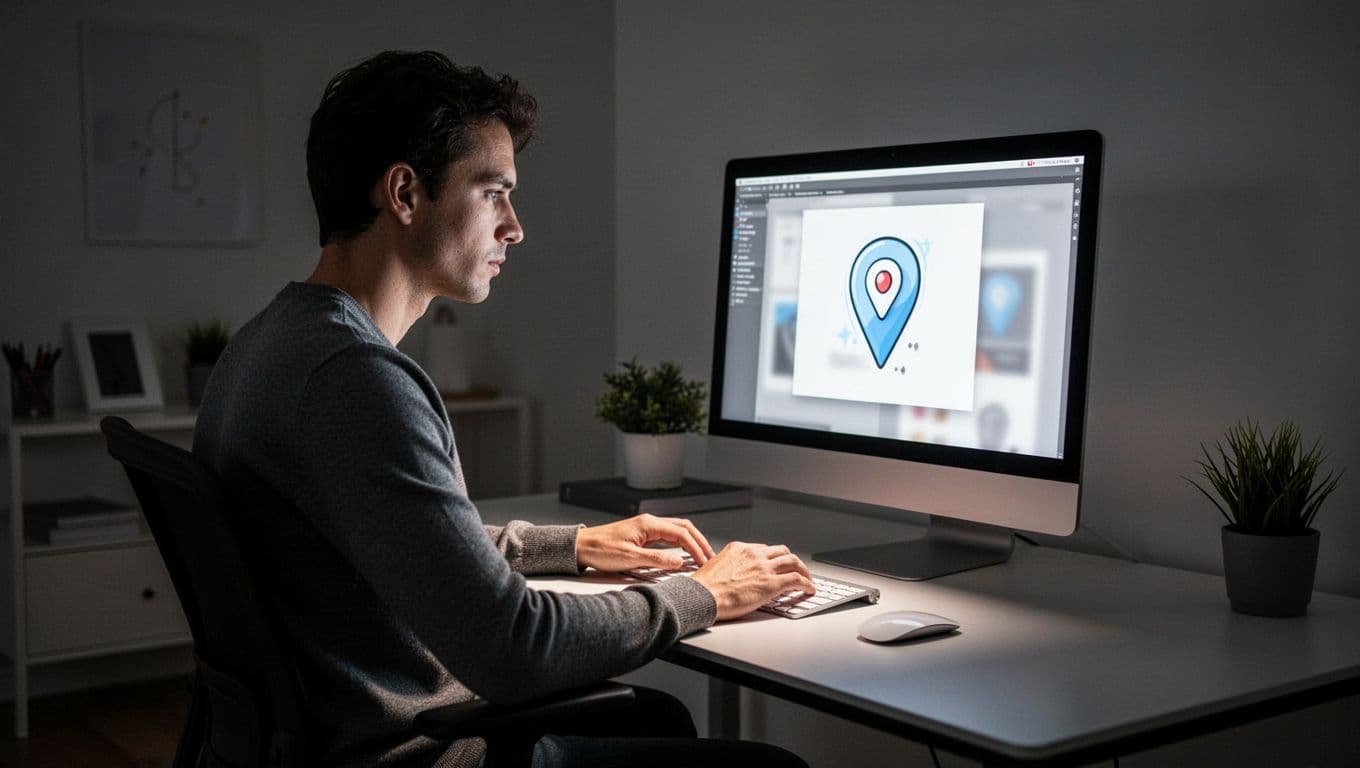 A creative professional works on a high-contrast monitor displaying complex design interface elements. The modern home workspace features moody, cinematic lighting that highlights the focus on digital content creation workflows.