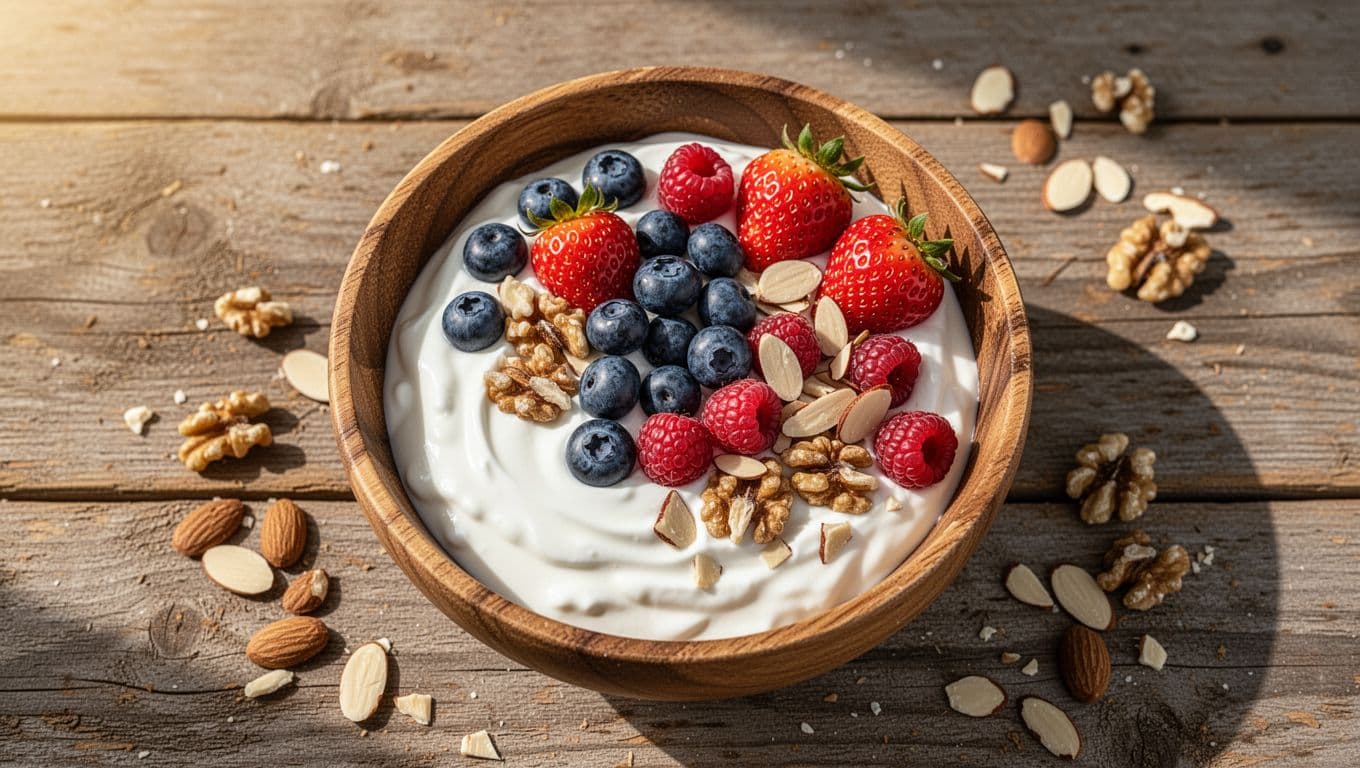 Bowl of thick Greek yogurt topped with blueberries, strawberries, raspberries, and chopped almonds, walnuts on wooden table.