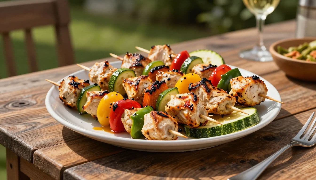 A rustic wooden platter displays colorful skewers featuring charred chicken, vibrant bell peppers, and sliced zucchini. Warm outdoor evening light highlights the fresh textures of the grilled summer harvest ingredients.