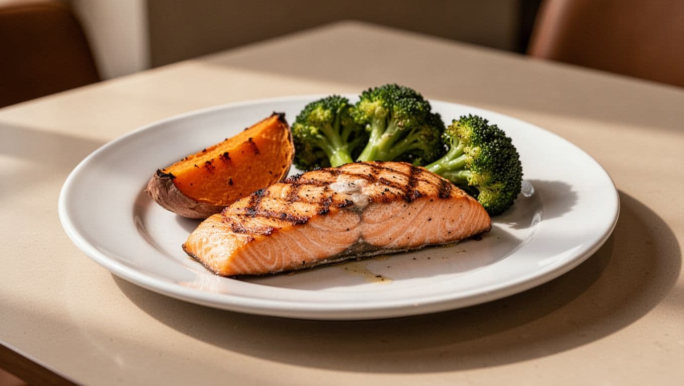 A plate featuring grilled salmon fillet, roasted sweet potato, and steamed broccoli on a modern table.