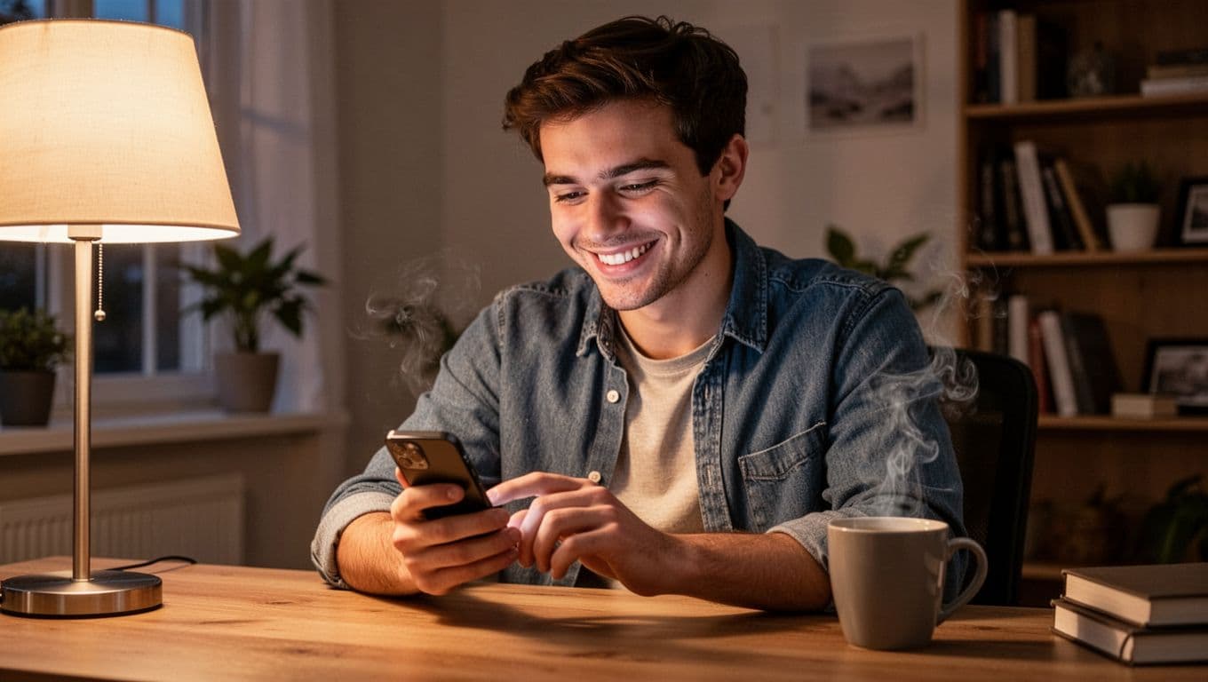 Young man in casual shirt sits at desk with coffee mug, holding smartphone and grinning while typing a flirty text message in a cozy evening home office with soft lamp light.