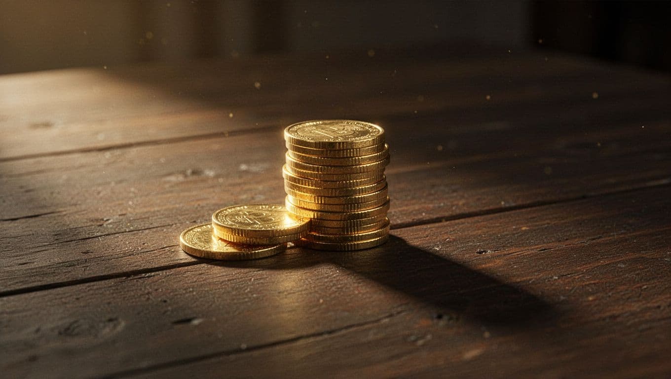 A small pile of metallic gold coins rests upon a dark timber surface. Warm, focused light illuminates the textured coin edges while creating dramatic shadows that stretch across the wooden grain.