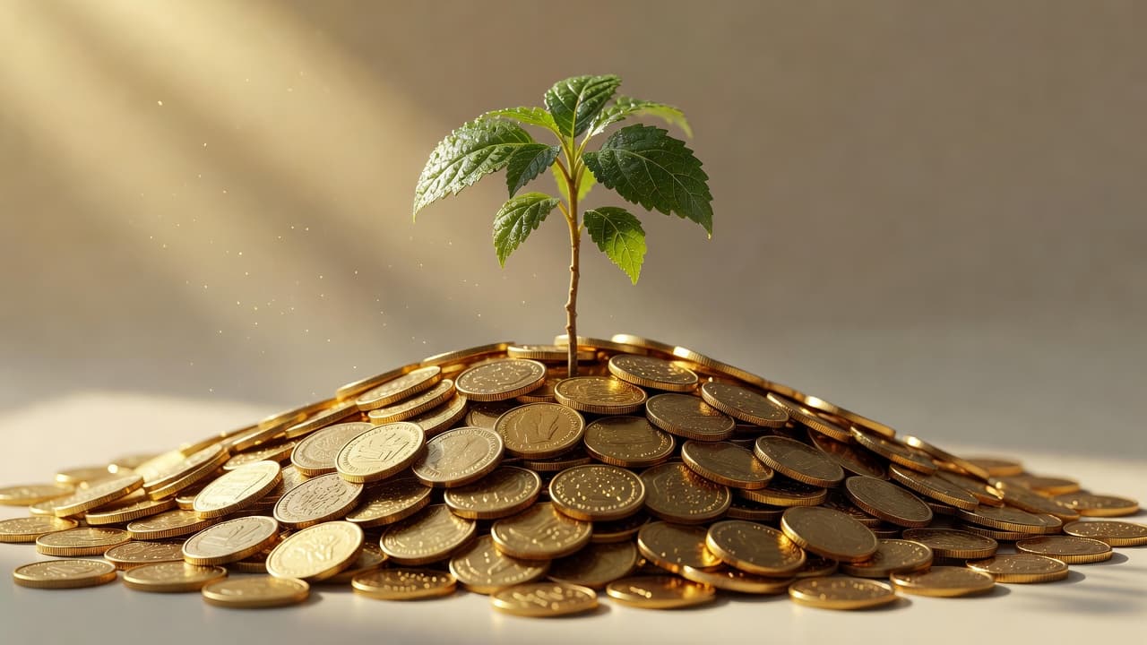 A vibrant green sprout emerges from a dense stack of gold coins resting on a flat surface. Soft morning light illuminates the leaves, creating a sharp contrast against the blurred background.