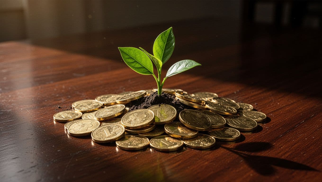 A small green sprout emerges from a dense stack of glistening gold coins resting on a dark, reflective wooden surface. Dramatic lighting emphasizes the textures and high contrast of the scene.