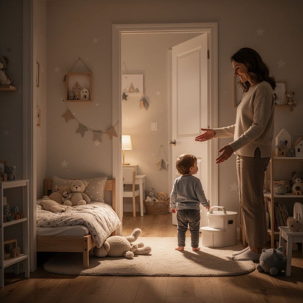 Parent near door gestures to cozy floor bed as toddler looks back in dimly lit bedroom.