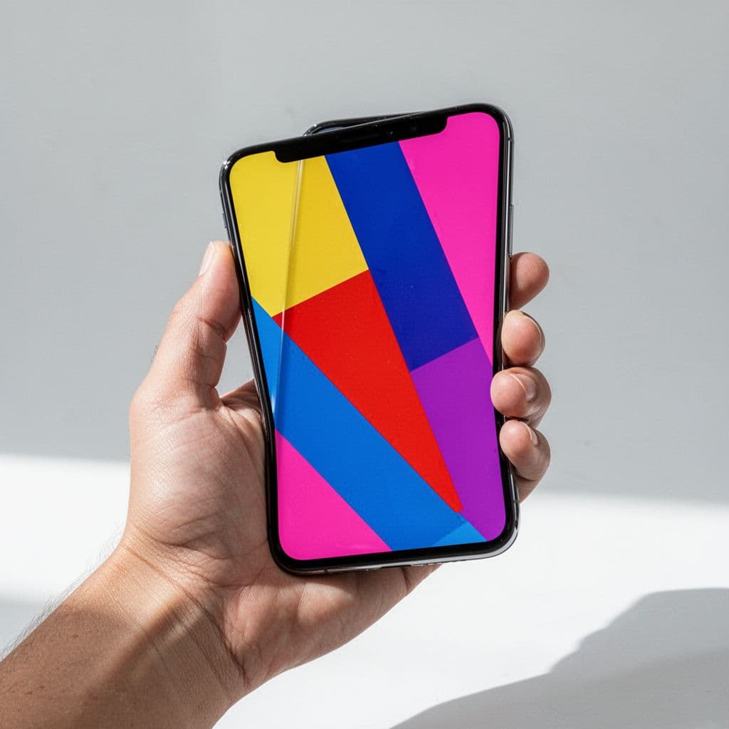 A person holds a smartphone displaying a clean, vibrant pin design in a modern studio.