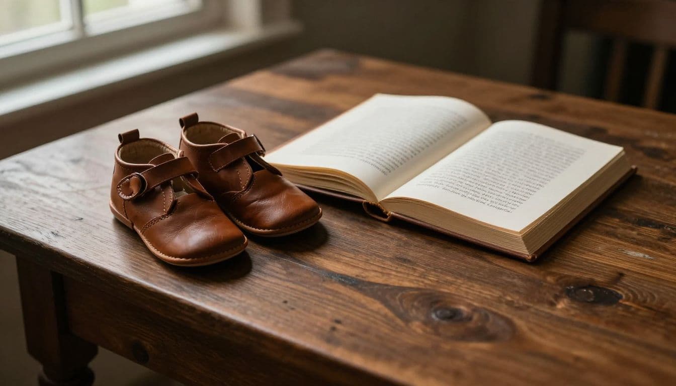 A pair of tiny handcrafted leather baby shoes rests on a rustic wooden table beside an open book featuring graceful handwritten script. Soft sunlight creates high contrast and deep, elegant shadows.