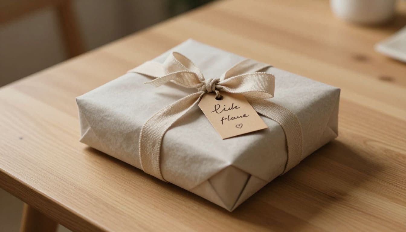 A neatly wrapped parcel sits on a light wooden surface featuring soft neutral paper, a delicate fabric ribbon, and an elegant handwritten tag. Warm, soft lighting creates a cozy, inviting atmosphere.