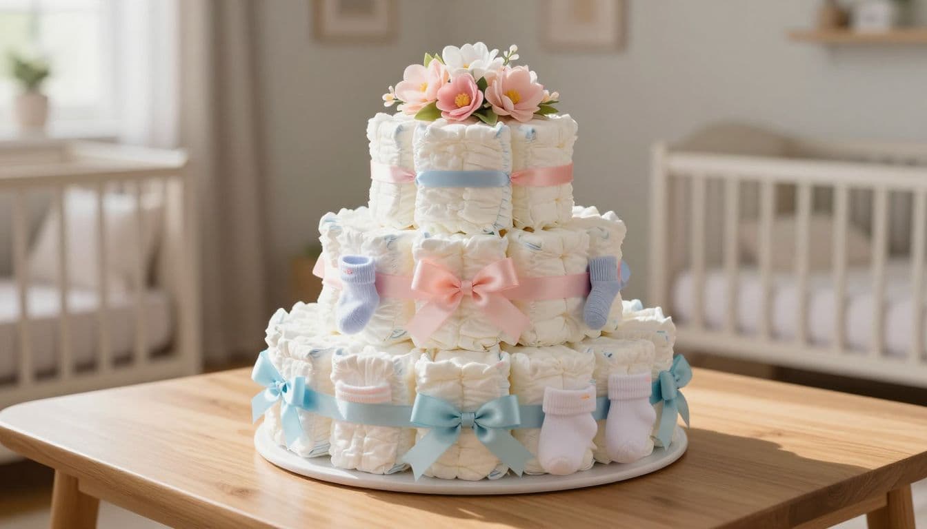 A tiered diaper cake rests on a wooden table, adorned with delicate silk flowers, soft pastel ribbon bows, and miniature baby socks tucked into the structure. The nursery background remains soft.