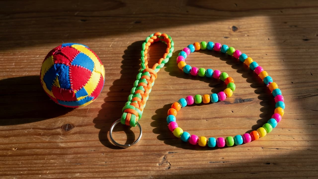A soft stress ball, braided paracord keychain, and beaded string lie organized on a textured wooden table. Warm side lighting highlights the intricate weaves and vibrant textures of these custom creations.