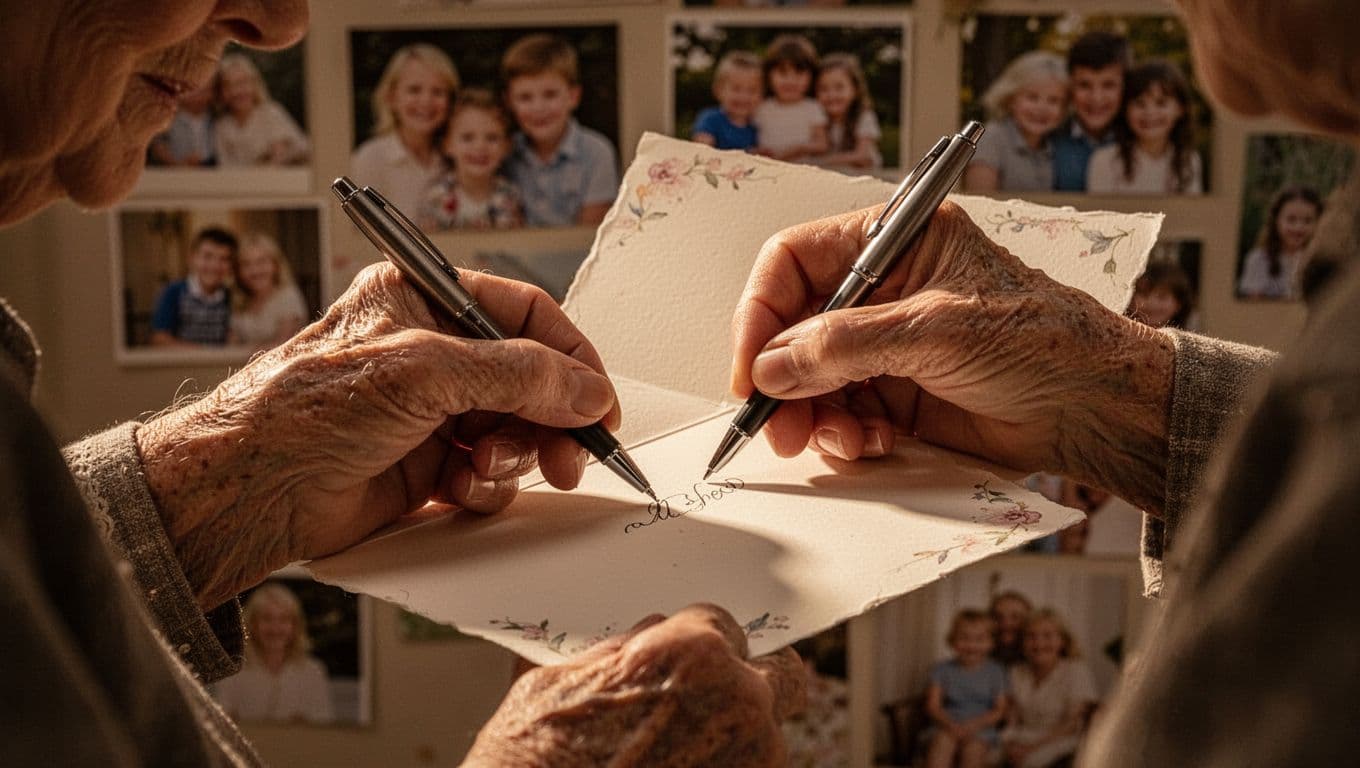 A close-up view of hands carefully crafting a personalized greeting card. Soft warm light illuminates the paper while family photos in the background create a nostalgic and sentimental atmosphere indoors.