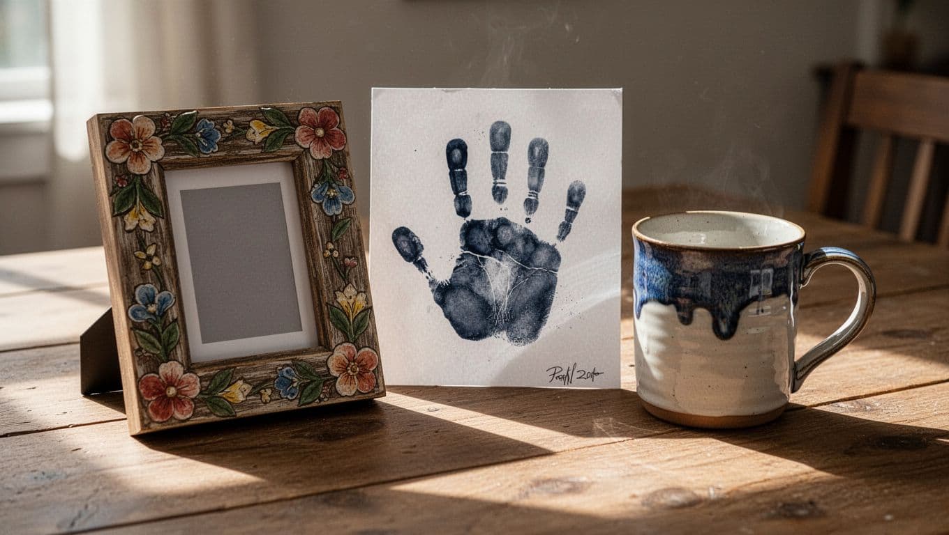 A rustic wooden tabletop displays a colorful handprint art piece, a custom decorated picture frame, and a hand-painted ceramic mug. These creative tokens rest under warm natural daylight in clear focus.