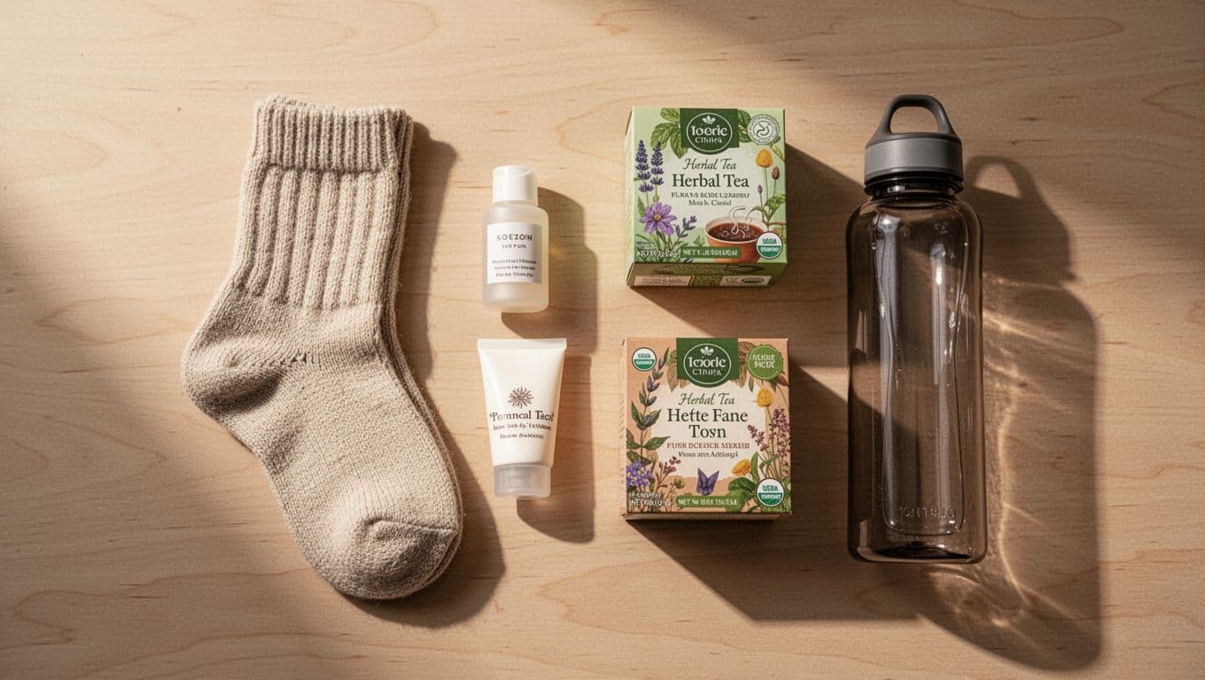 A collection of thoughtful gifts rests on a light wood surface, featuring soft wool socks, soothing lotion, herbal tea, and a water bottle. Soft, warm light illuminates the cozy arrangement.