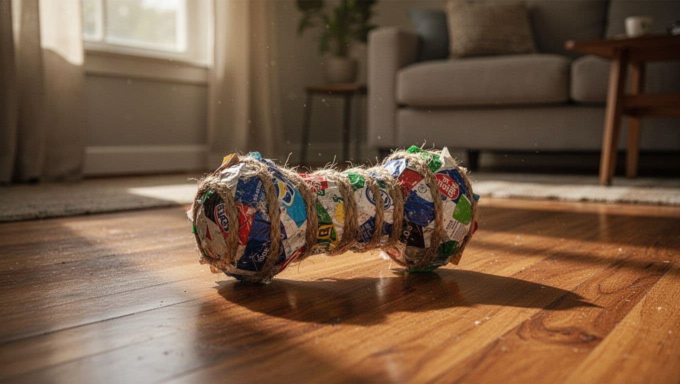 A rustic toy crafted from repurposed materials rests on warm hardwood flooring. Gentle sunbeams from a nearby window illuminate the textures of the object, creating a cozy and inviting atmosphere.